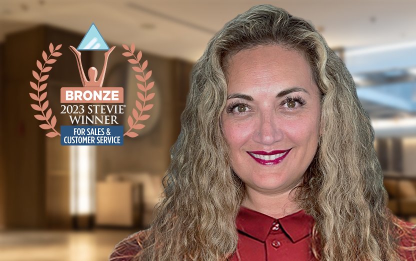 Logo of Bronze Stevie Winner for Sales and Customer service on a picture of Lorena