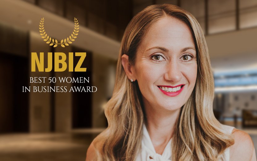Logo of Gold NJBIZ best 50 women in business on a picture of Rachel
