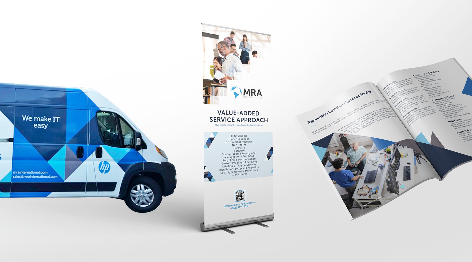 mra trade show banners, brochure, and van with vinyl wrap featuring MRA International