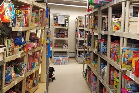 shelving unites filled with children's toys