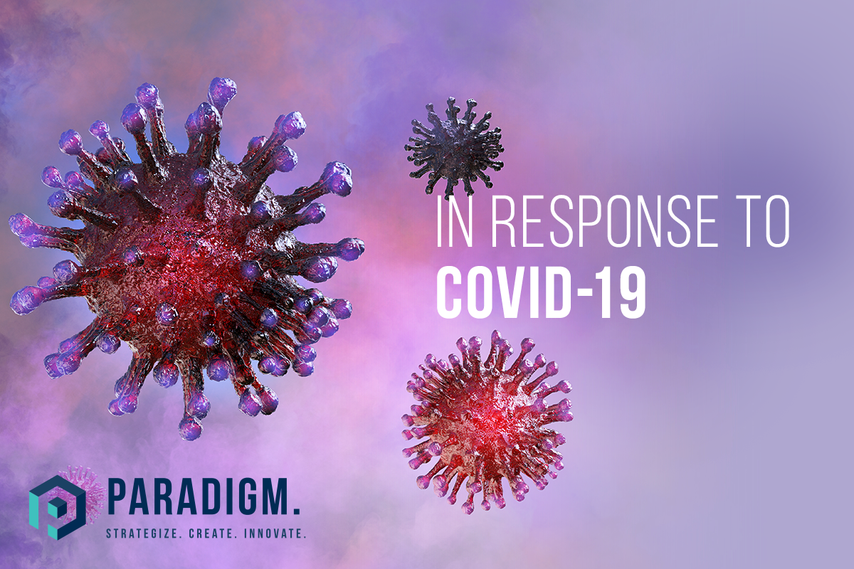 Coronavirus particles, illustration with texts "IN RESPONSE TO COVID-19" and a logo of Paradigm at the bottom